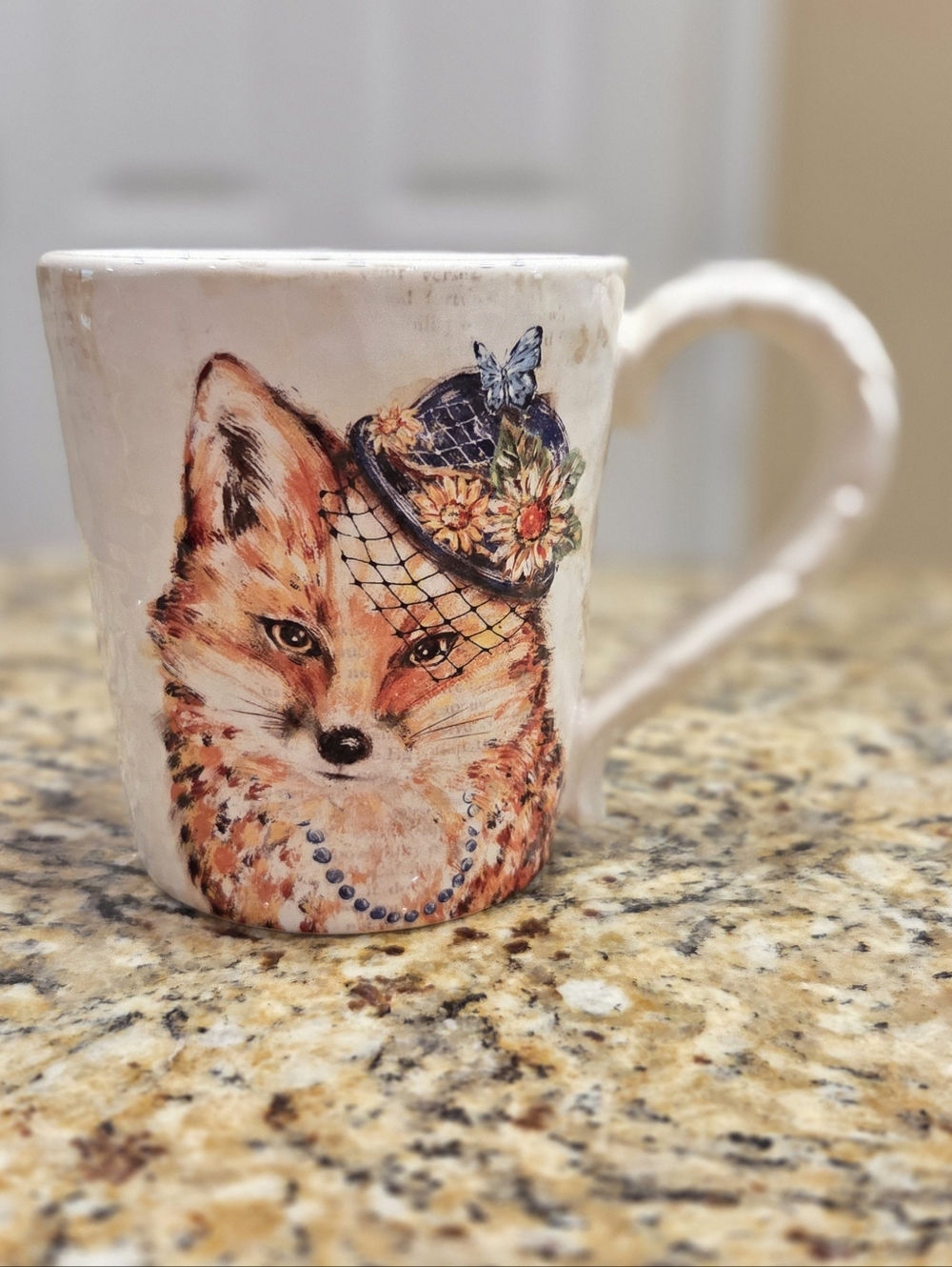 Vtg Pier 1 Imports Ironstone Fox Mug 4.5 in. Fancy Hat Feather Handle 16 Oz